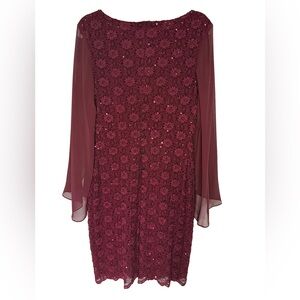 Connected Apparel Womens Lace Long Sheer Sleeves Sequin Burgundy Dress, Size 8
